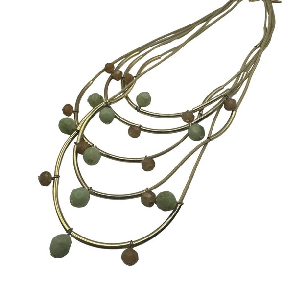 Multi-Strand Gold Necklace With Green & Brown Beads Adjustable Length - Picture 5 of 5